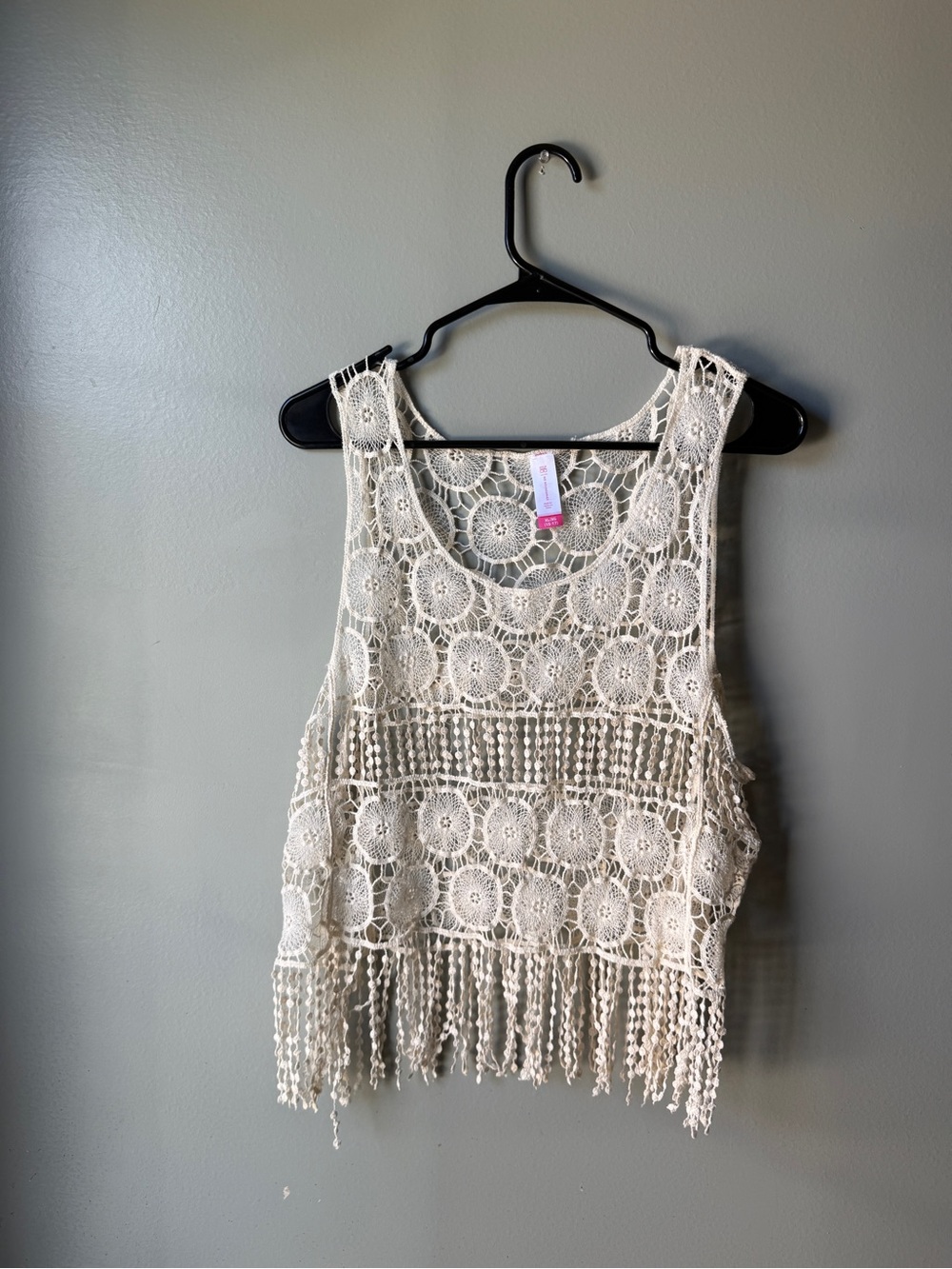 Crochet Fringe Vest Cream Boho Festival Girls XL 15-17